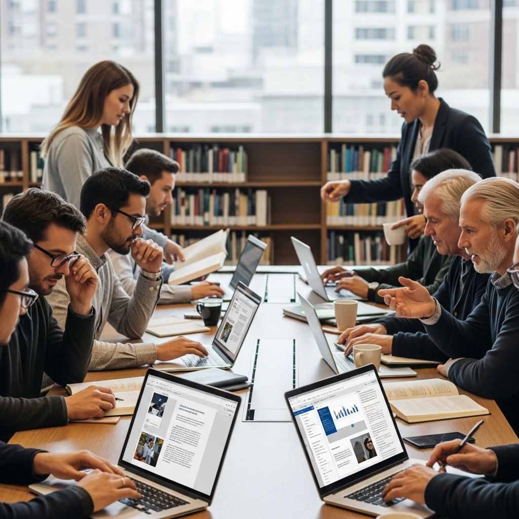 A high-quality, professional image showing a diverse group of academic writers working on research papers in a modern library or office setting. The image should convey intelligence, focus, and academic success.